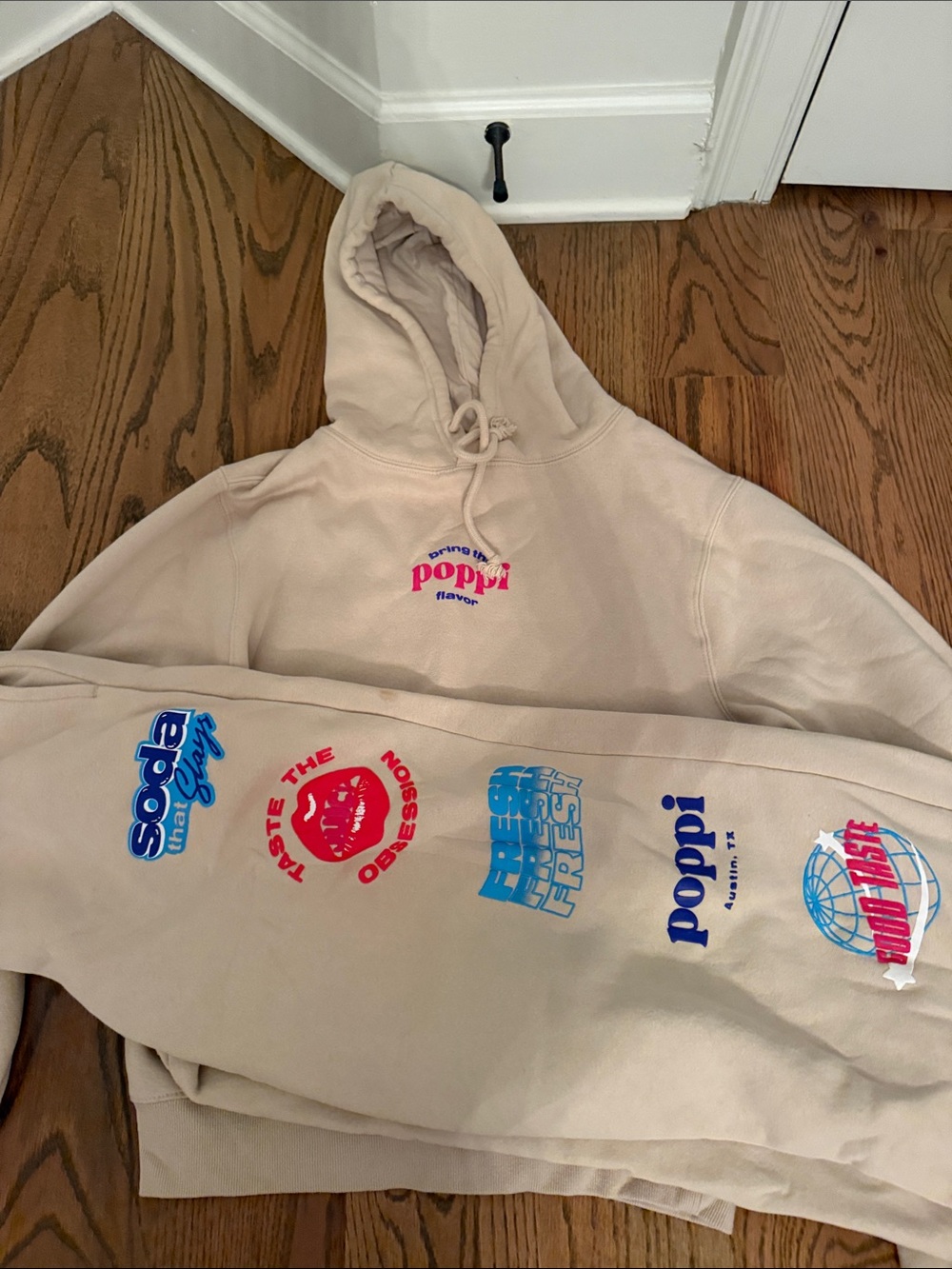 Poppi x Target collab Beige Crewneck Hoodie with Multicolor Logo Prints